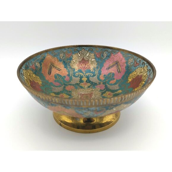 Vintage India Hand Painted Brass Bowl and Hand Engraved Floral Features - Picture 1 of 5